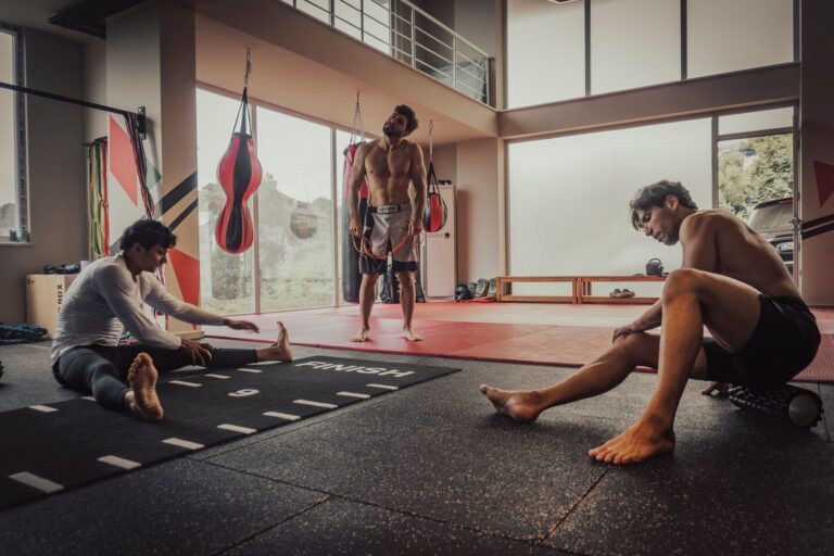Interieur d'une salle d'arts martiaux, tapis au sol et pratiquants a l'entrainement