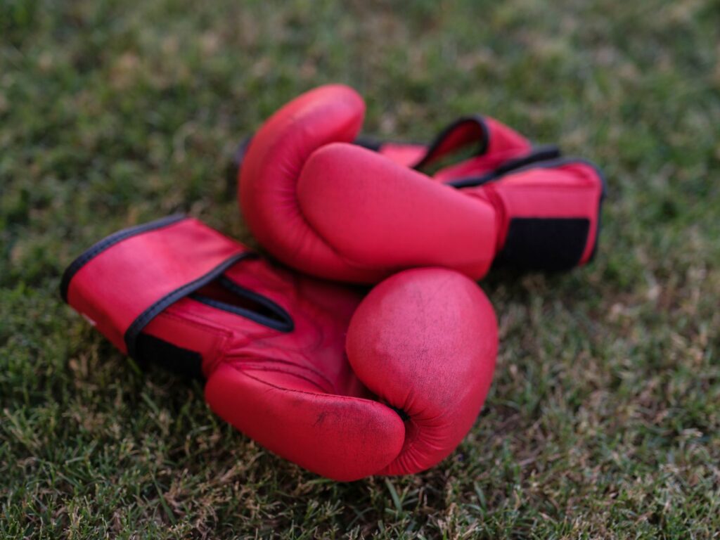 Paire de gants de boxe roses posée sur l'herbe